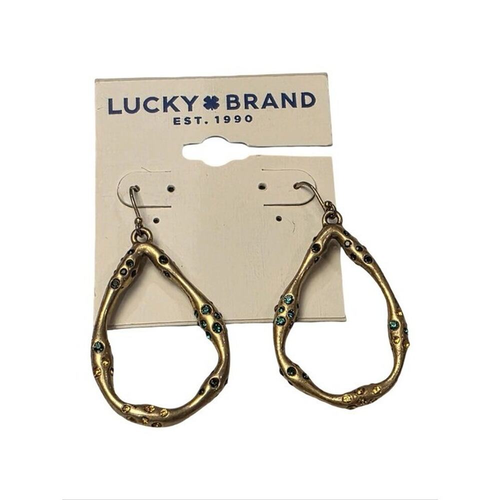 Lucky Brand Gold Tone Organic Teardrop Hammered Crystal Pave Drop Earrings